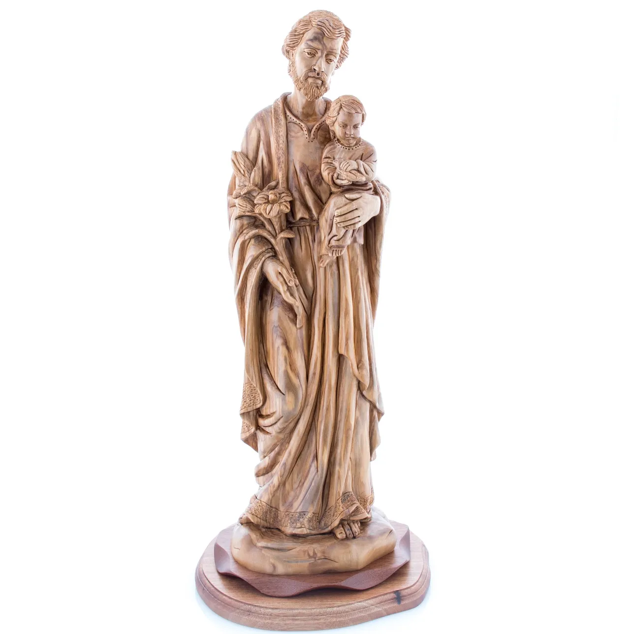 St. Joseph Holding Baby Jesus with Lily Flower 21.9, Masterpiece Wood Carving