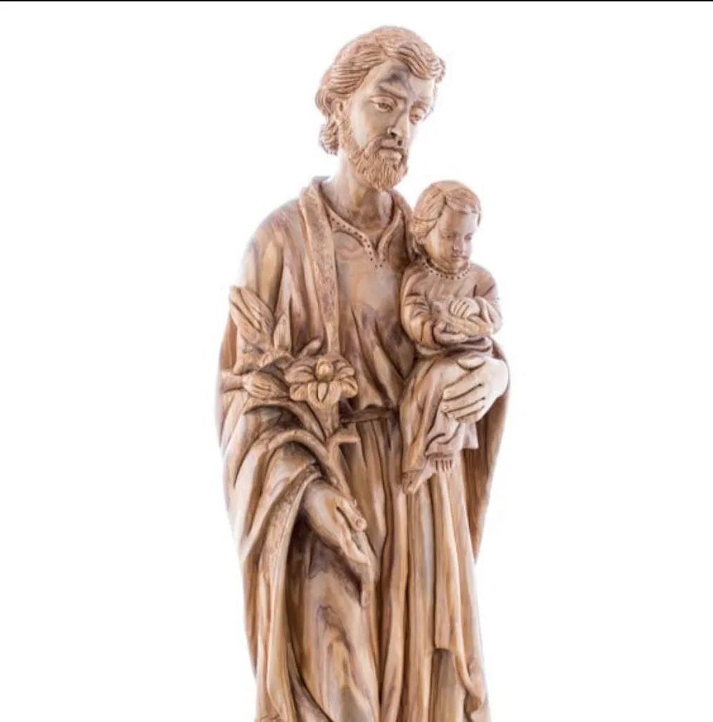 St. Joseph Holding Baby Jesus with Lily Flower 21.9, Masterpiece Wood Carving