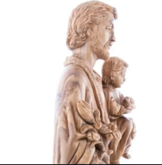 St. Joseph Holding Baby Jesus with Lily Flower 21.9, Masterpiece Wood Carving