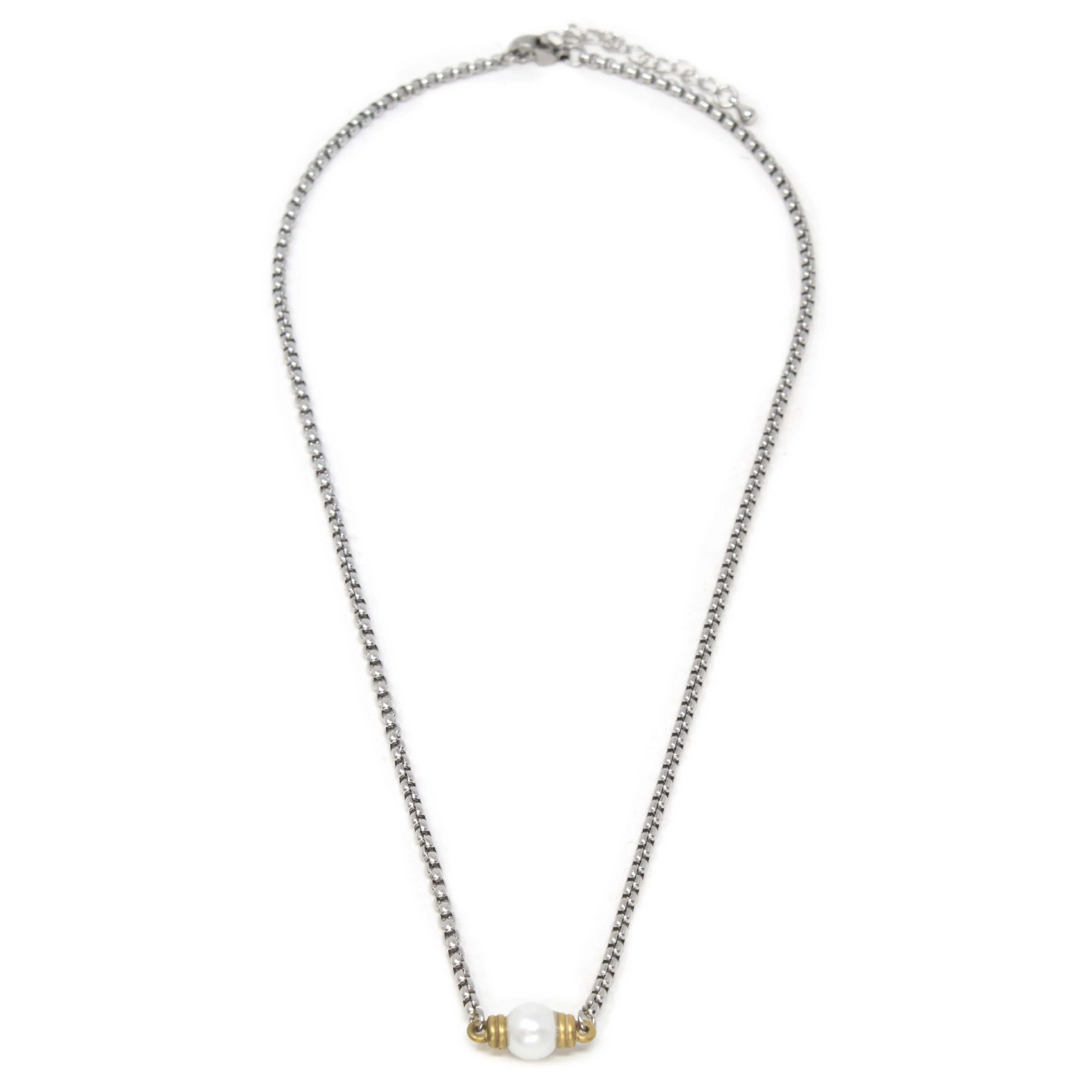 Stainless St Two Tone Necklace Pearl Station