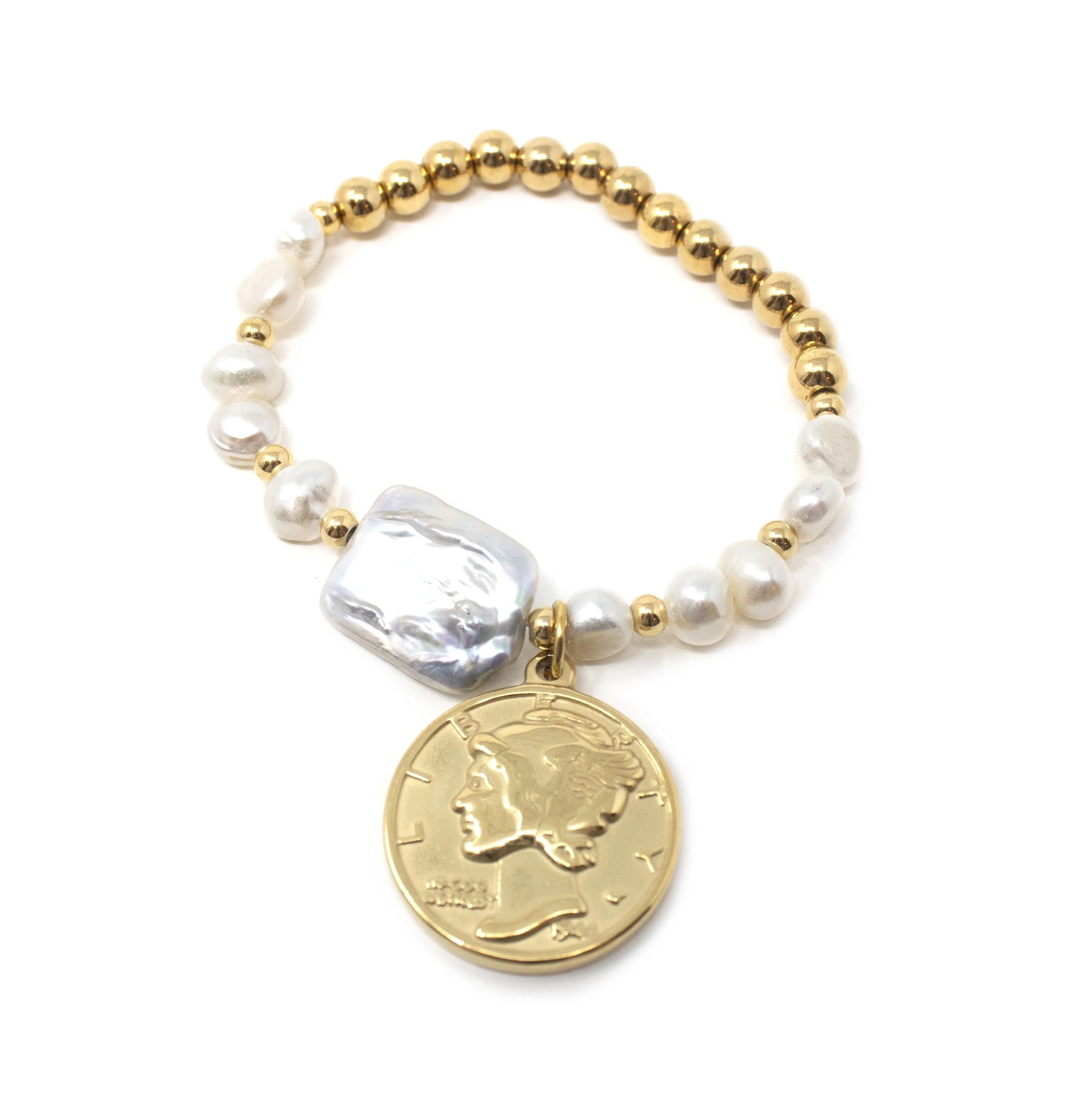 Stainless Steel Beaded/Pearl Coin Charm Bracelet Gold Plated