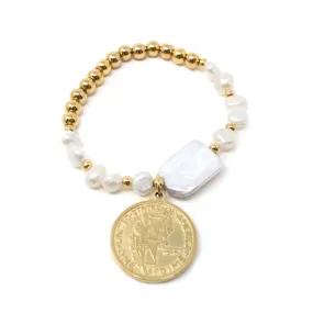 Stainless Steel Beaded/Pearl Coin Charm Bracelet Gold Plated