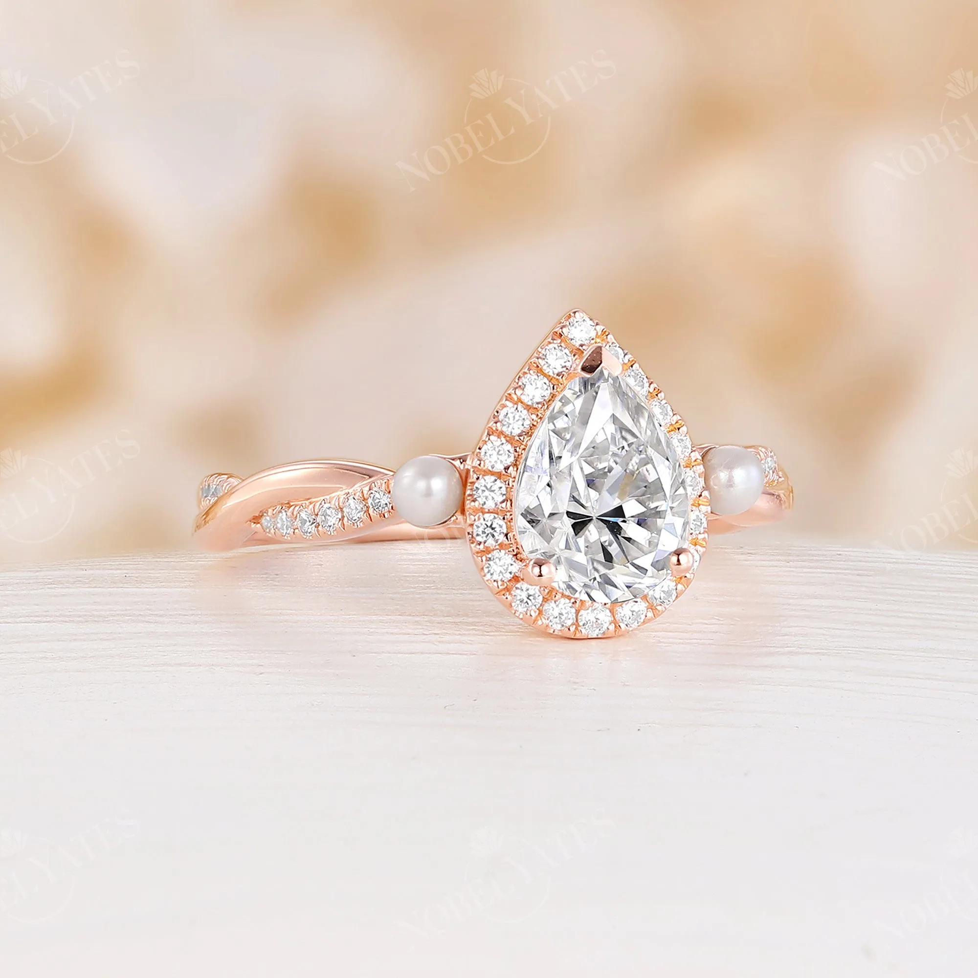 Teardrop Moissanite Halo Engagement Ring Pearl Twist Rose Gold