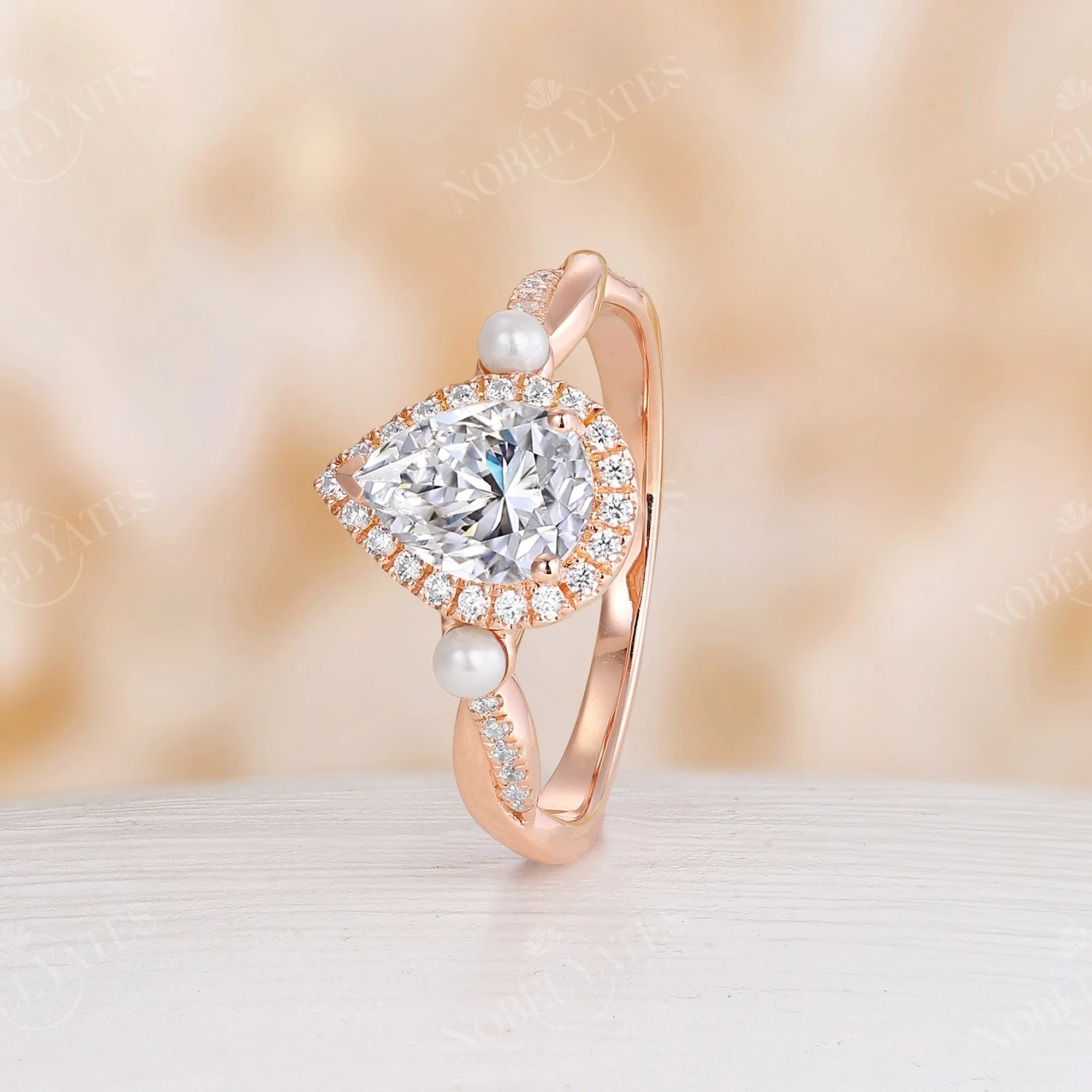 Teardrop Moissanite Halo Engagement Ring Pearl Twist Rose Gold