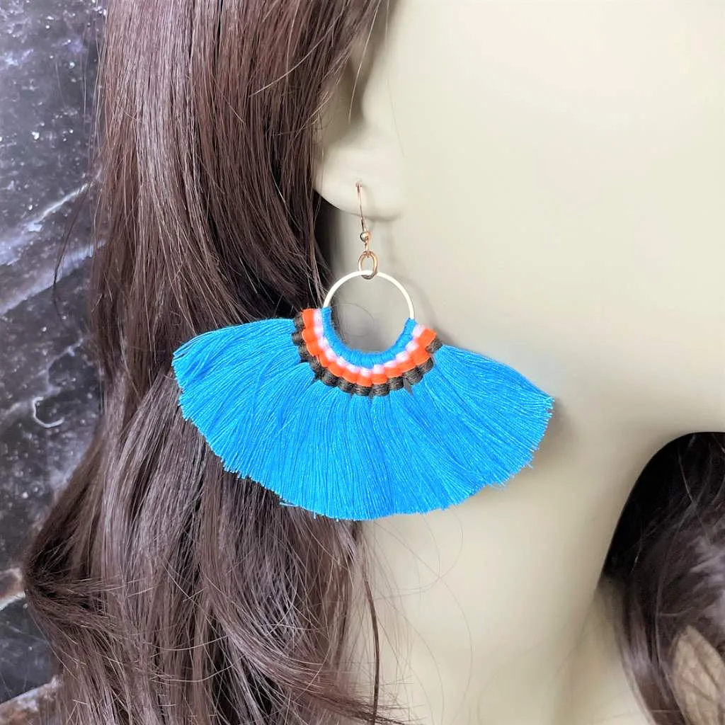 Turquoise Blue Tassel Fan Dangle Earrings