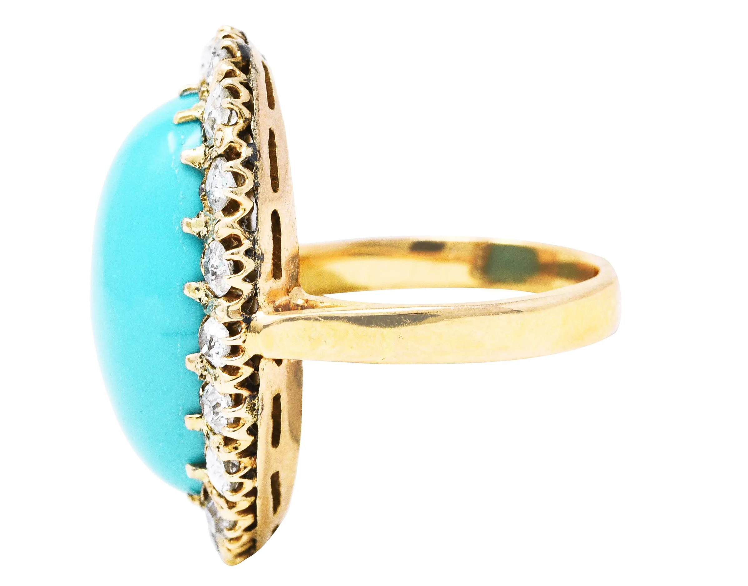 Victorian 1.43 CTW Old European Old Mine Diamond Turquoise 18 Karat Yellow Gold Cluster Antique Ring