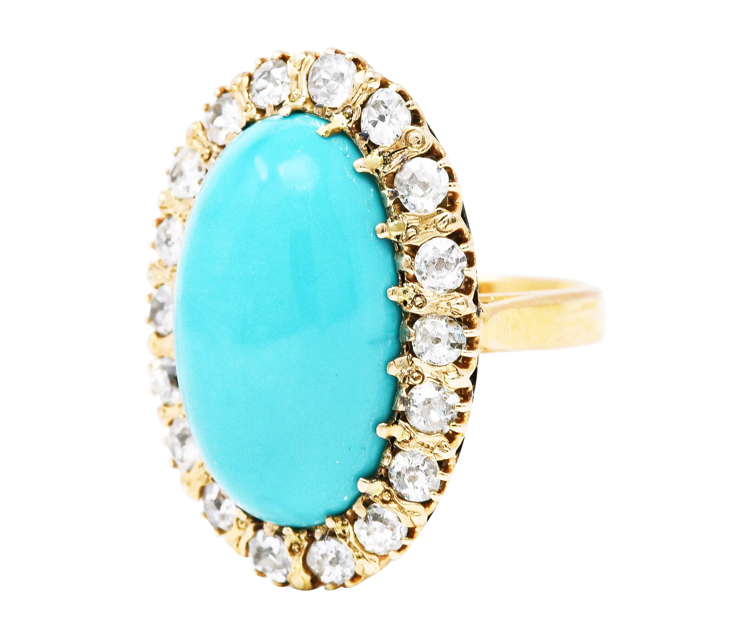 Victorian 1.43 CTW Old European Old Mine Diamond Turquoise 18 Karat Yellow Gold Cluster Antique Ring