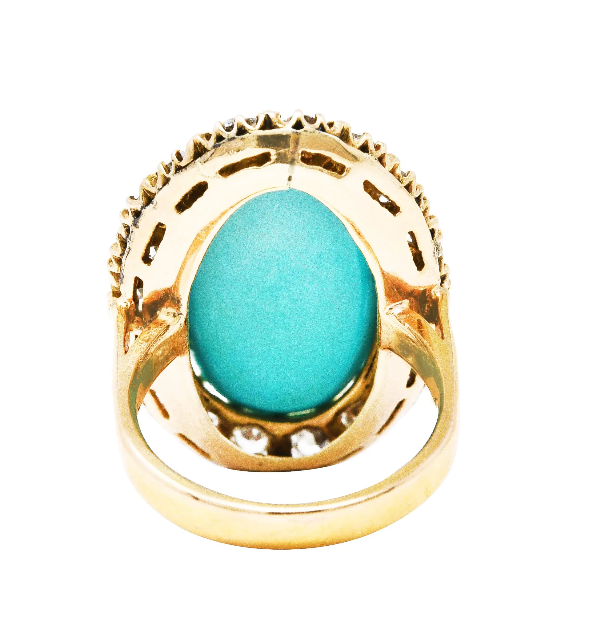 Victorian 1.43 CTW Old European Old Mine Diamond Turquoise 18 Karat Yellow Gold Cluster Antique Ring