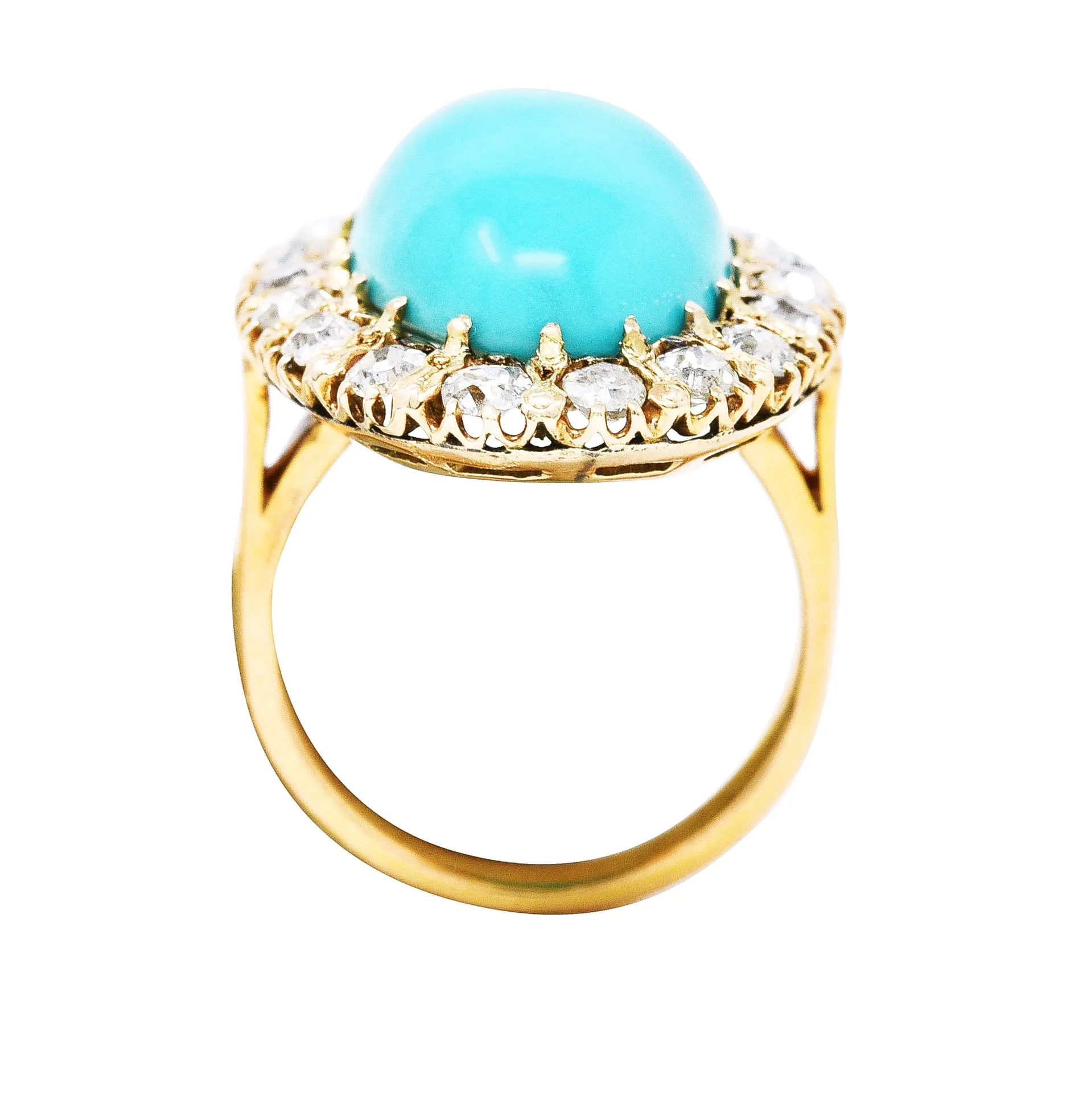 Victorian 1.43 CTW Old European Old Mine Diamond Turquoise 18 Karat Yellow Gold Cluster Antique Ring