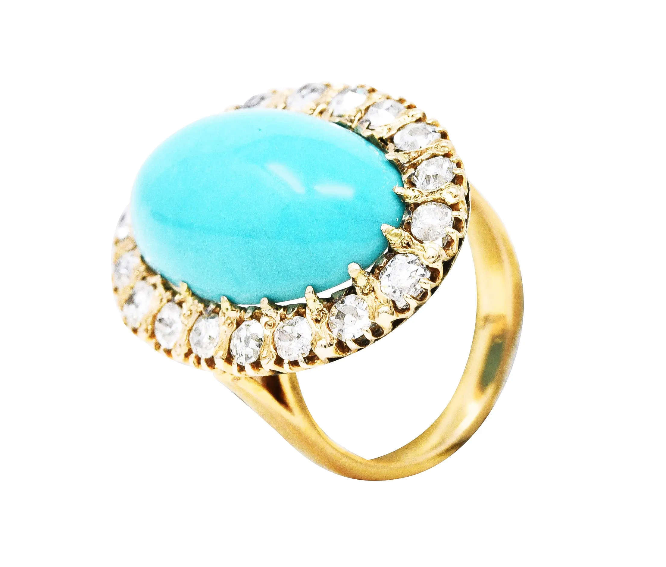 Victorian 1.43 CTW Old European Old Mine Diamond Turquoise 18 Karat Yellow Gold Cluster Antique Ring