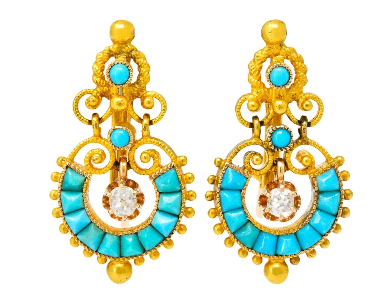 Victorian Diamond Turquoise 18 Karat Gold Drop Earrings