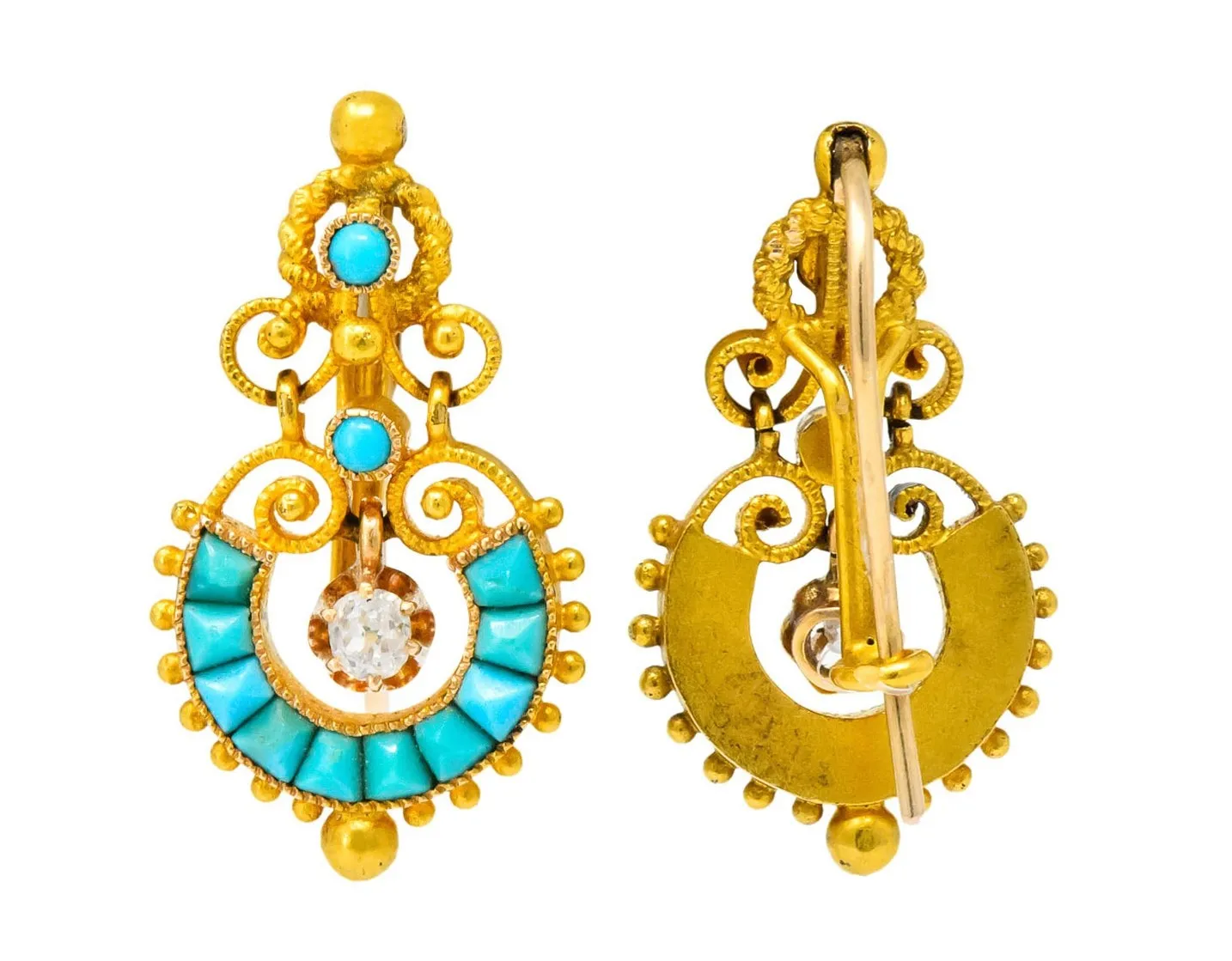 Victorian Diamond Turquoise 18 Karat Gold Drop Earrings