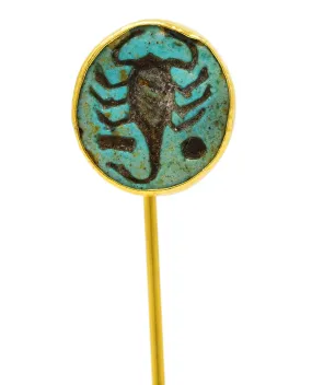 Victorian Egyptian Revival Carved Turquoise 18 Karat Yellow Gold Scorpion Intaglio Antique Stickpin