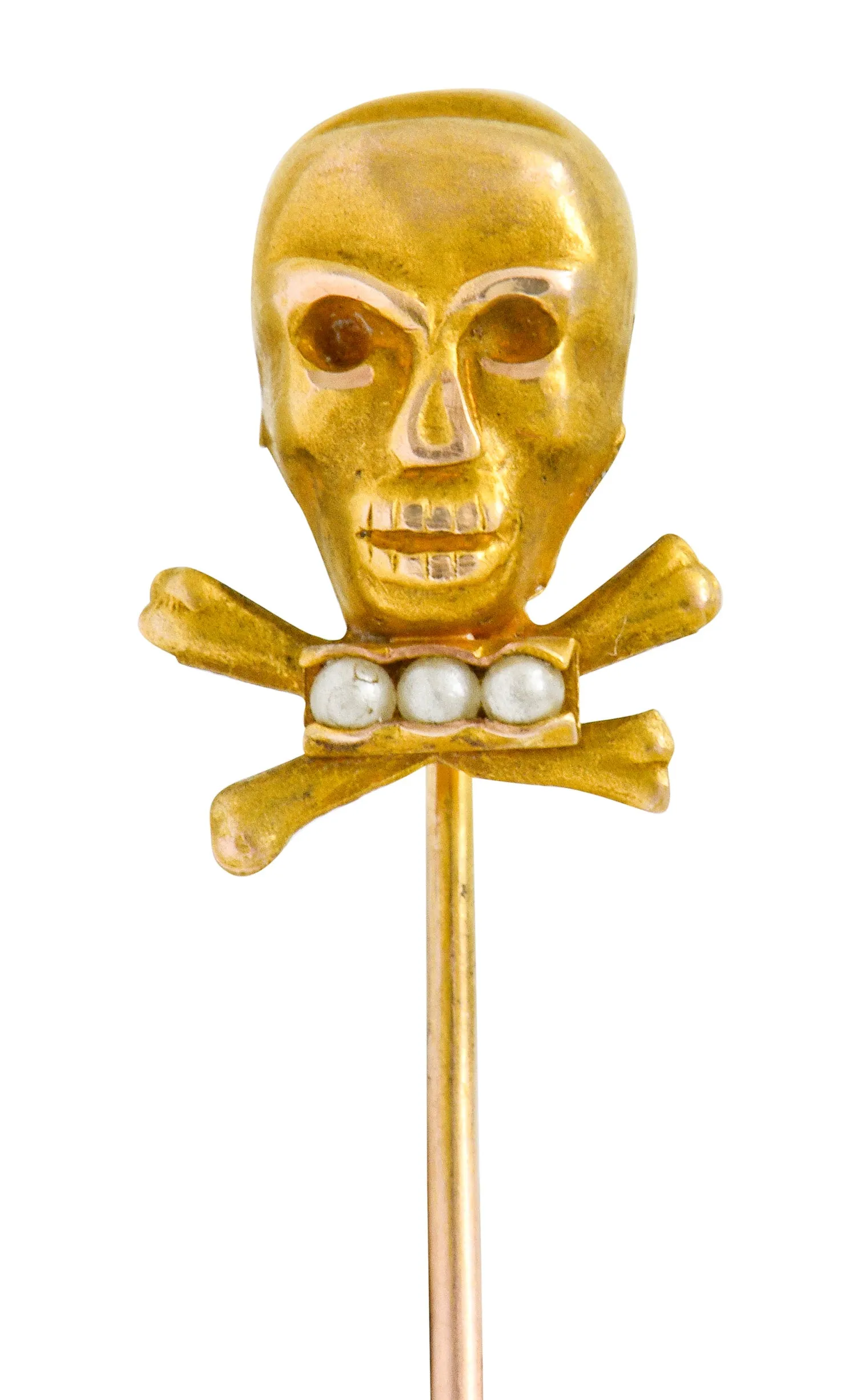 Victorian Natural Freshwater Seed Pearl Gold Skull Crossbones Stickpin