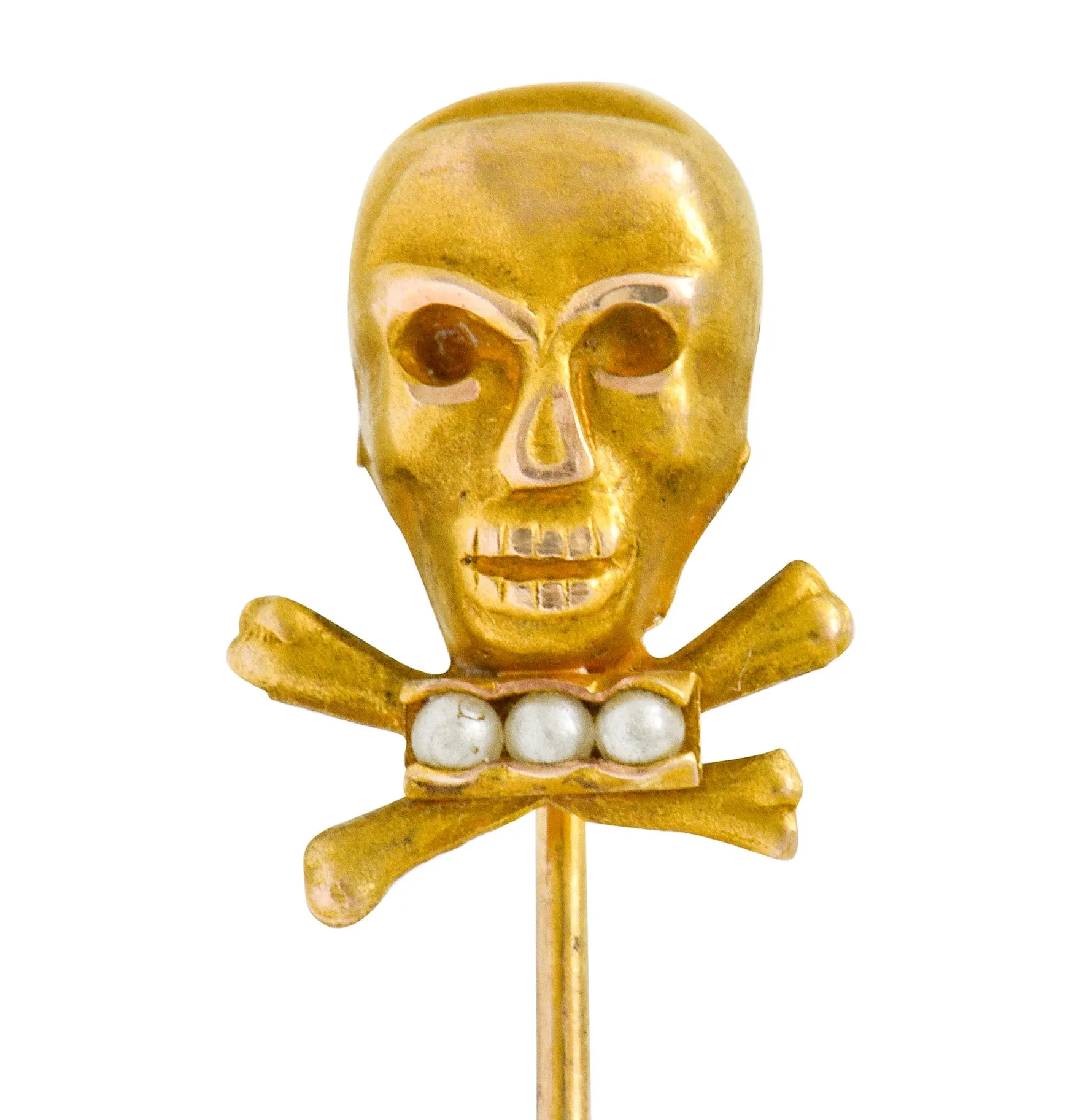 Victorian Natural Freshwater Seed Pearl Gold Skull Crossbones Stickpin