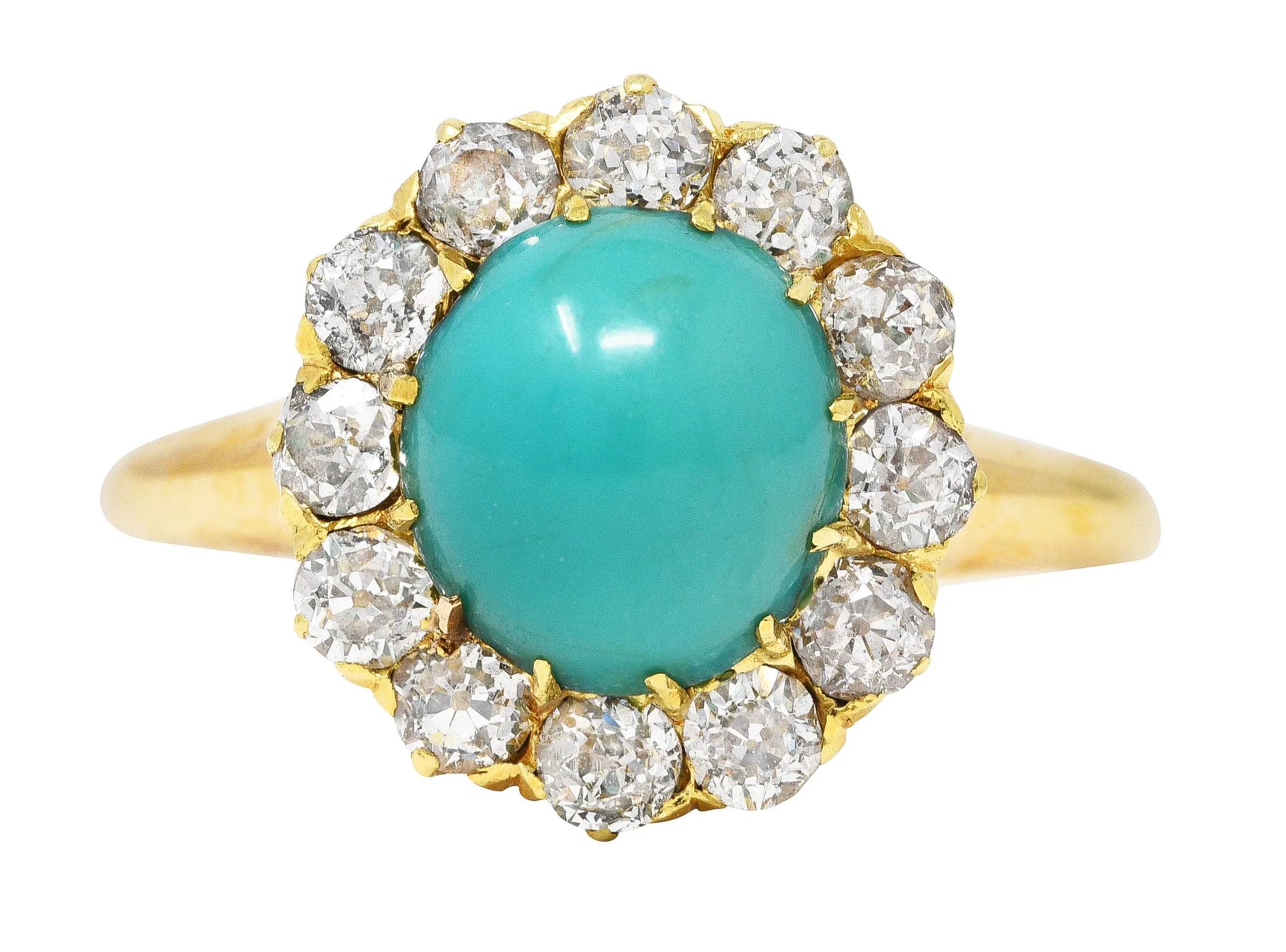 Victorian Old European Cut Diamond Turquoise 14 Karat Yellow Gold Antique Cluster Ring