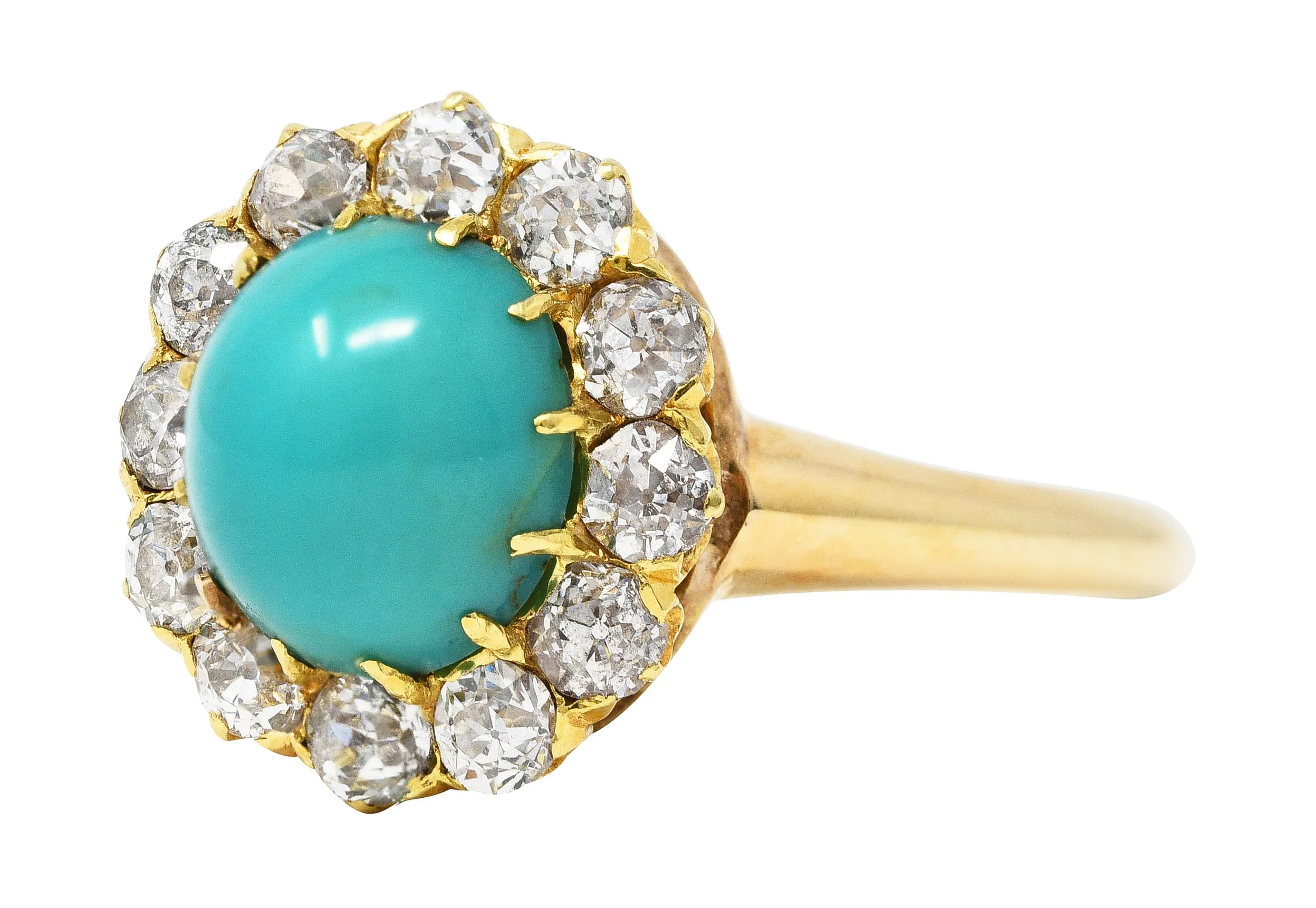 Victorian Old European Cut Diamond Turquoise 14 Karat Yellow Gold Antique Cluster Ring