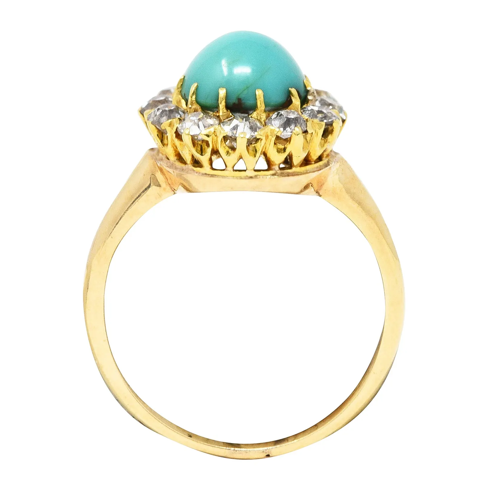 Victorian Old European Cut Diamond Turquoise 14 Karat Yellow Gold Antique Cluster Ring