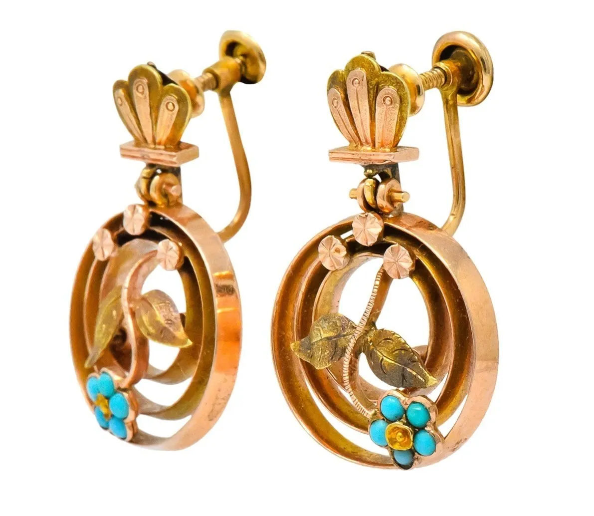 Victorian Turquoise 10 Karat Tri-Gold Floral Earrings