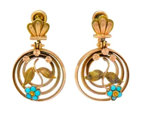 Victorian Turquoise 10 Karat Tri-Gold Floral Earrings