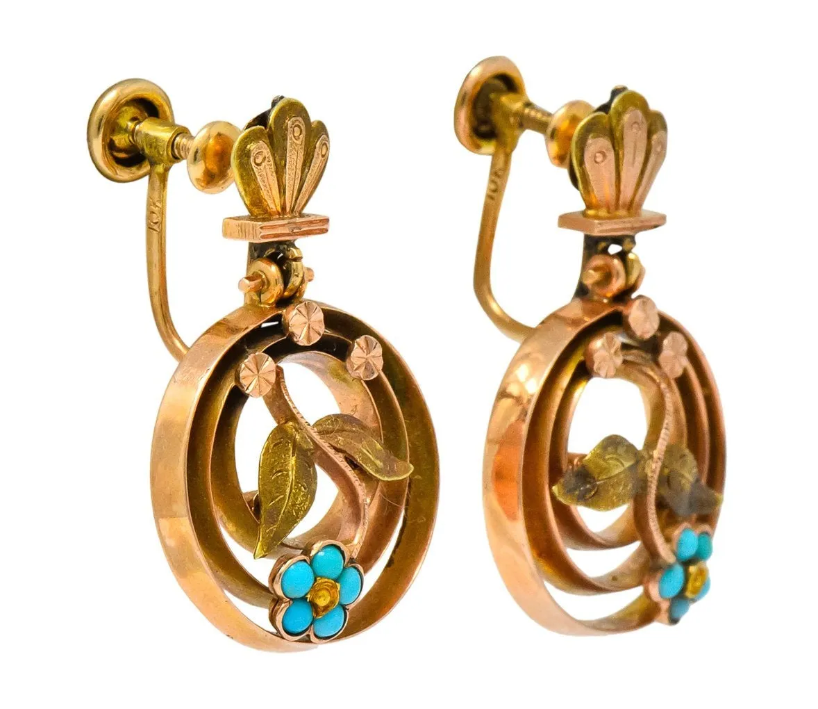 Victorian Turquoise 10 Karat Tri-Gold Floral Earrings